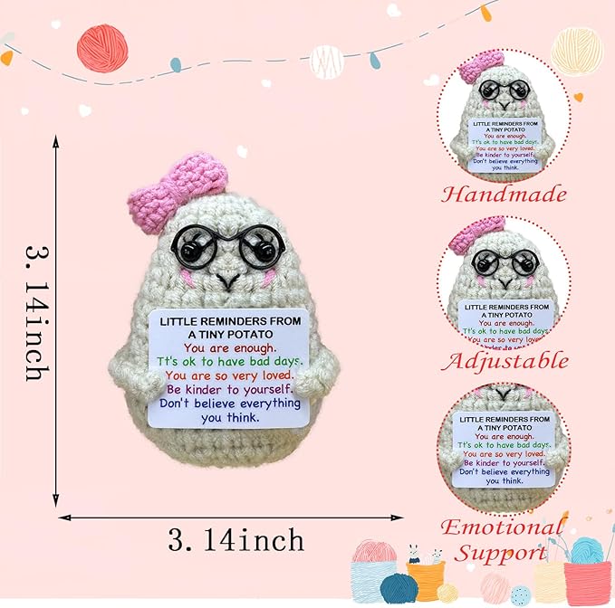Handmade Crochet Positive Potato Gifts for Women Men Daughter Son Birthday,Teacher Nurse Week Graduation Gift,Handmade Kintted Crochet Doll with Emotional Encouragement Card,Desktop Decors