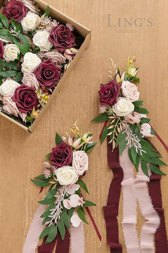 Ling's Moment 8pcs Aisle Pew Artificial Flowers Arrangements for Wedding Ceremony Chair Back Floral Decorations with Chiffon Ribbon Marsala Blush Pink Reception Church Rose Faux Hanging Party Outdoor