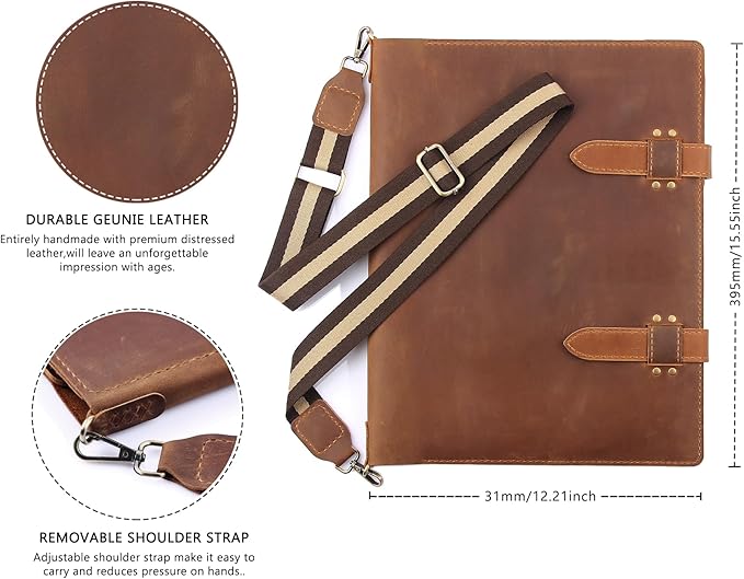 Robrasim Handmade Leather Sketchbook Cover, Artist Sketch Pad Holder for 11"X14" Top Spiral Bound Sketchbook, Drawing Book Pencil Case, Journal Portfolio with Shoulder Strap, Artist Gifts,Brown
