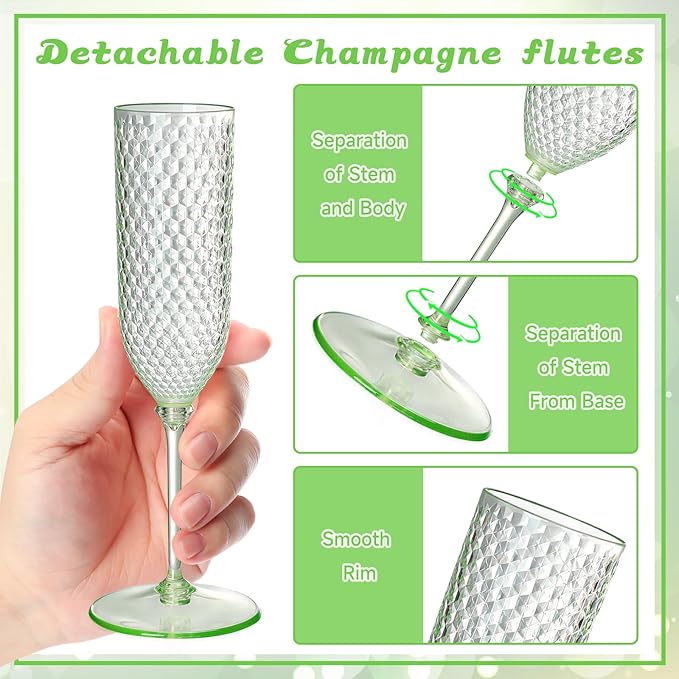 XUWAIDSGN 24 Pack Green Detachable 2 piece Champagne Flutes 5.5 Oz Unbreakable Plastic Mimosa Disposable Champagne Glasses Drinking Cups Stemmed Reusable Wine Toasting Glasses for Wedding