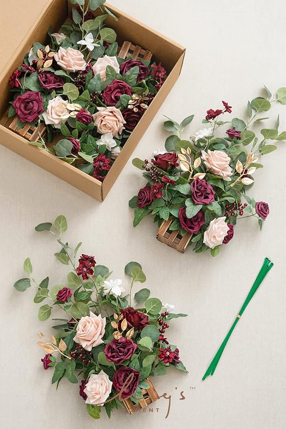 Ling's moment 17.5" Tall Standing Artificial Flowers Arrangements 4 pcs Fall Wedding Aisle Runner Chair Decorations Marsala & Blush Centerpieces for Ceremony Reception Rose Floral Party Outdoor