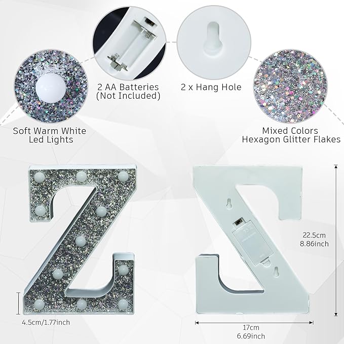 Light Up Letters, Marquee Light for Table Decorations, Glitter Signs for Prom, Events, or Engagement Party Decor, Featuring Alphabet & Number Lighted Letters, Z