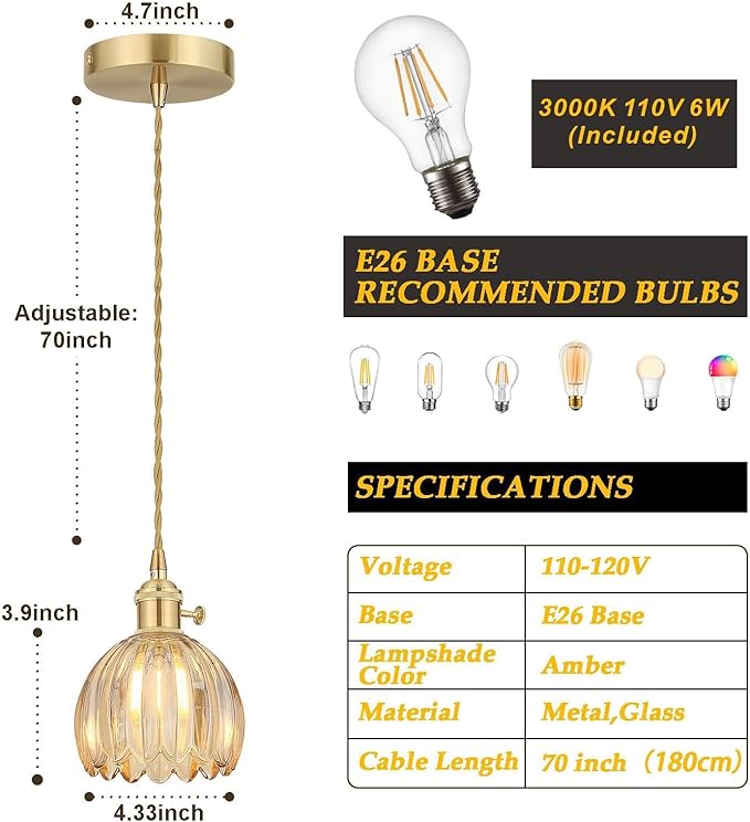 Vintage Gold Pendant Light, Pendant Light Fixtures with 70 Inch Cord and Amber Tulip Glass Lampshade, Ideal for Kitchen Island, Dining Room, Bedroom, Living Room & Entryway (Hardwired)