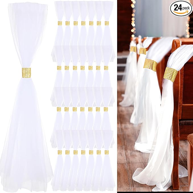 24 Set Wedding Aisle Chair Decorations 31.5 Inch Pew Bows with Long Tulle Tails and Rhinestone wrap for Wedding Ceremony Church Bridal Shower Banquet Decor (Gold)