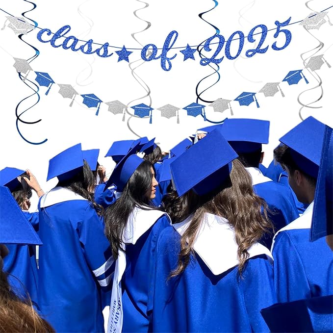 2025 Blue Class-Congratulations Prom Graduation Party-Decorations - 22pcs High School College Grad Supplies Decor,Royal Navy White Silver Tissue Pom Poms Streamers, Paper Flowers Lanterns Hugmoon