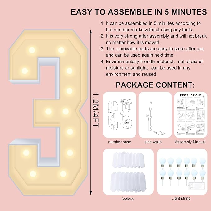4FT Plastic Marquee Numbers 3 - Light up Numbers Are Made from Corrugated Plastic Board - Quick Assembly Without Tools, Disassembled Components Can Be Used for Photo Wall Decoration, Yard Sale Signs