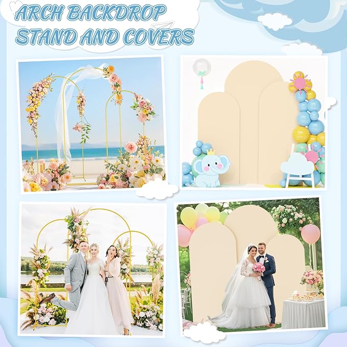 FOTSHARER Wedding Arch Stand and Cover Set of 3 Gold Arch Backdrop Stand with Beige Arch Covers 7.2FT 6.6FT 6FT Background Arch Stand for Garden Arbor Wedding Backdrop Stand Party Anniversary Decor
