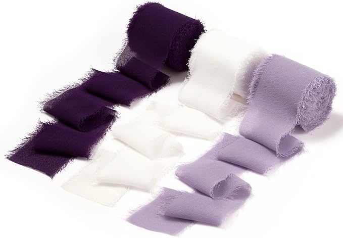 DORIS HOME 2" x21Yd Chiffon Ribbon for Flower Bouquet, Purple & Ivory Fabric Ribbon for Gift Wrapping, Handmade Frayed Ribbon for Wedding, Chiffon Silk Ribbon for Christmas Decorations