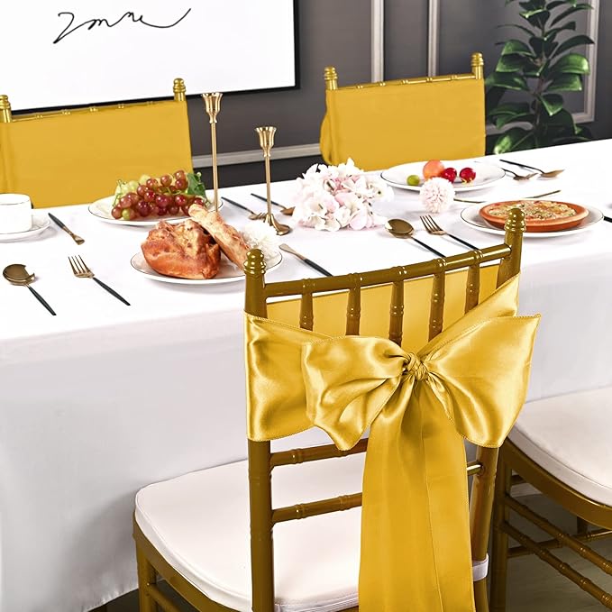 fani 120 PCS Gold Satin Chair Sashes Bows Universal Chair Cover for Wedding Reception Restaurant Event Decoration Banquet,Party,Hotel Event Decorations (7 x 108 inch)