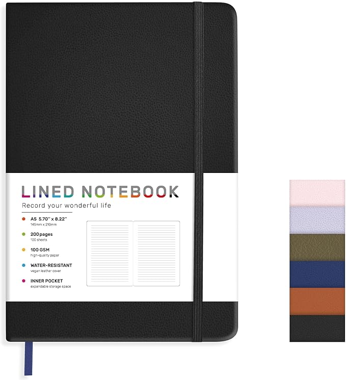 Lined Journal Notebook for Women Men, 200 Pages A5 Hardcover Leather Journals 5.7” x 8.3”, A5 College Ruled Notebooks with 100 GSM Thick Paper for Writing,Travel,School,Office,Work,Business(Black)