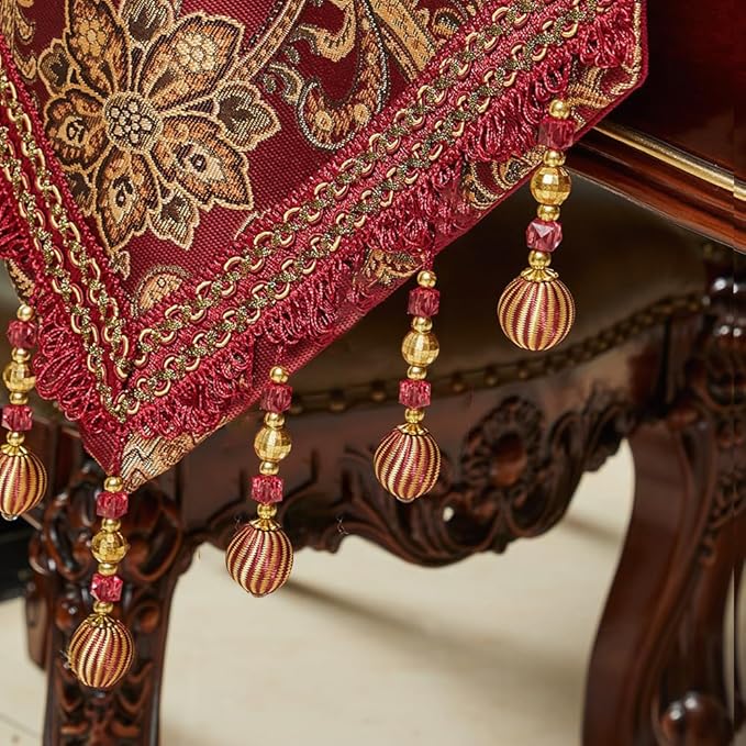 Luxury Vintage Table Runners 108 inches Long Embroidery Jacquard Fabric with Multi-Tassels Table Runners for Dining Room Dresser Wedding Christmas Thanksgiving Party Decorations (Red, 12X108inch)