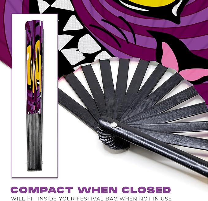 GloFX Large Hand Fan - Alice in Wonderland Cheshire Cat Fan - Bamboo Folding Fans for Rave Accessories and Festival Essentials