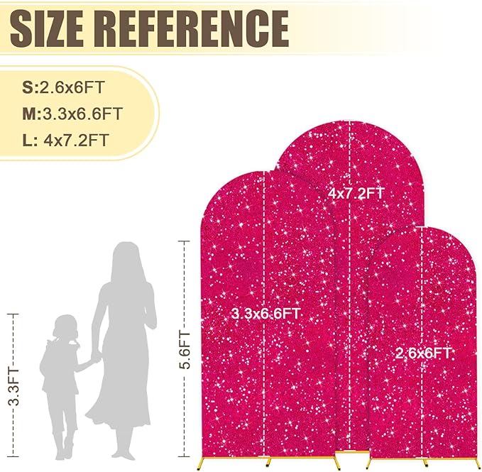 MODFUNS Metal Arch Backdrop Stand and Cover Set 6&6.6&7.2ft Hot Pink Sequins Arch Backdrop Cover Set of 3 Gold Arch Stand with Covers for Baby Shower Birthday Party Banquet Decoration