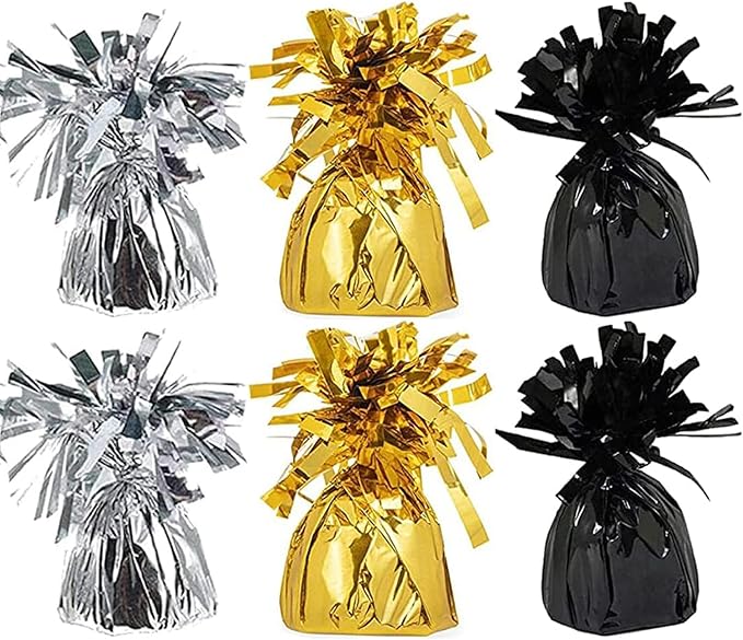Metallic Balloon Weights, Birthday Party Favors, Novelty and Gag Gifts, 5.5" Inches, 6-Pack (Black/Gold/Silver)