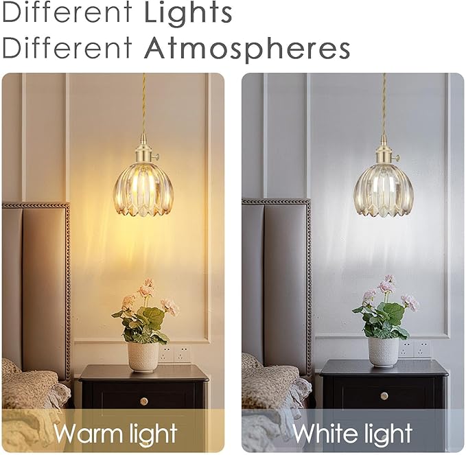 Vintage Gold Pendant Light, Pendant Light Fixtures with 70 Inch Cord and Amber Tulip Glass Lampshade, Ideal for Kitchen Island, Dining Room, Bedroom, Living Room & Entryway (Hardwired)