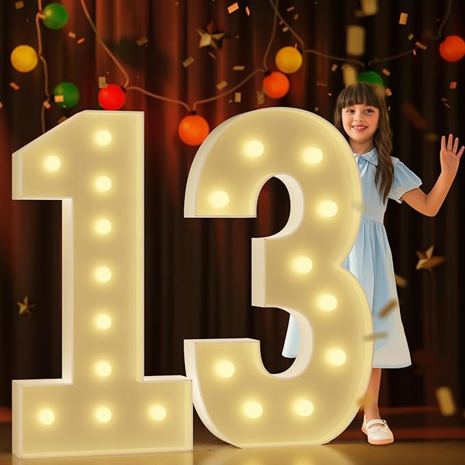 Marquee Numbers 4 Feet Tall Large Light Up Numbers 13th 13 Year Old Thirteen Birthday Decorations Girl Boy Big Yellow Light Outdoor Anniversary Decorations Balloon Arch Kit Party Backdrop 13