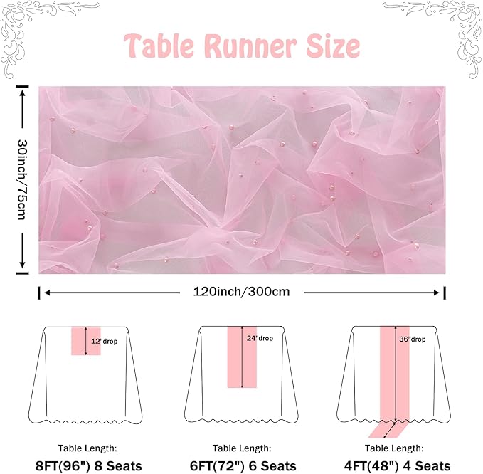 Fanami 6 Pack Pearl Table Runner -10FT Blush Pink Boho Tulle Table Runners 120 Inches Long Rustic Sheer Lace Fabric Centerpieces for Wedding Arch Birthday Party Bridal Veil Baby Shower Decorations