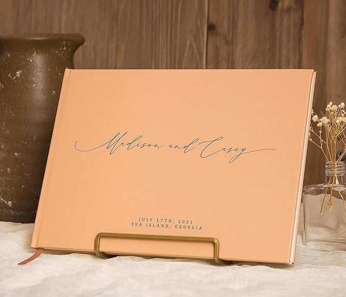 MUUJEE Personalized Guestbook in Tan - Premium Tan Leatherette Custom Modern Guest Book for Wedding Reception, Birthday Party or Events w/Bookmark Blank Pages for Signing, Large 11.5 x 8.5 inches