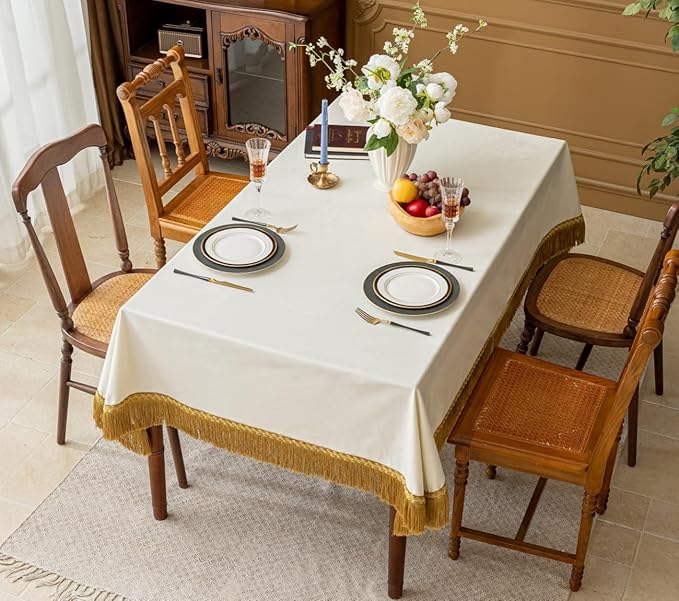 F-CHU White Tablecloth Thickset Velvet Tablecloth with Beautiful Gold Tassels Vintage Table Cloth for Home Decor Wedding, Party, Banquet and Events 60x86-Inch