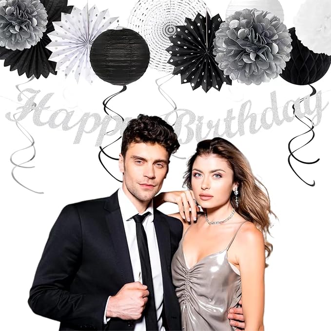 Black White Silver Birthday Party-decorations - 21pcs Boys Men Happy Banner,Paper Streamers Lanterns Honeycomb,Tissue Pom Poms Fan,Adult Supplies Decor 16th 20th 40th 45th 50th 60th Huglony