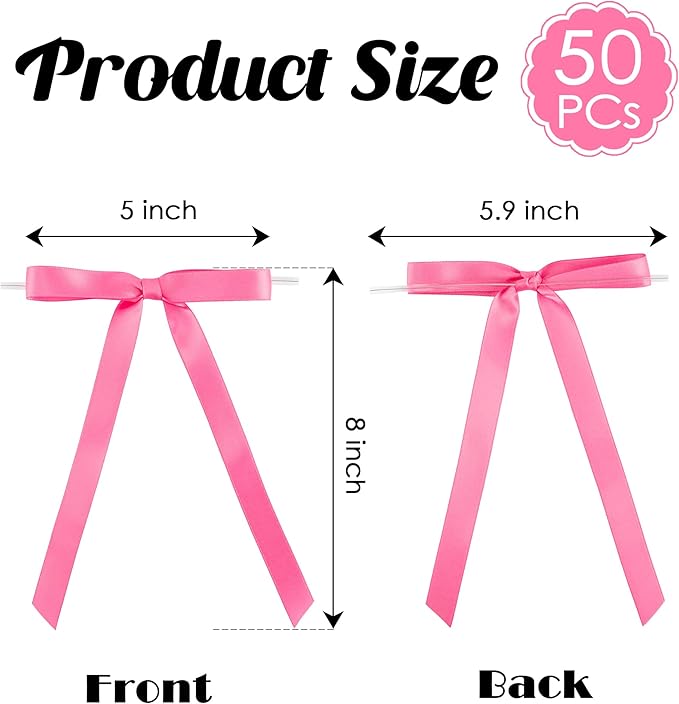 50 PCs Hot Pink Bow 5 Inch Long Tail Bows for Gift Wrapping, Easter Bow Party Decorations, Twist Tie Bows, Satin Bows for Crafts, Premade Bows for Presents, Treat Bags, Bottles, Cakes