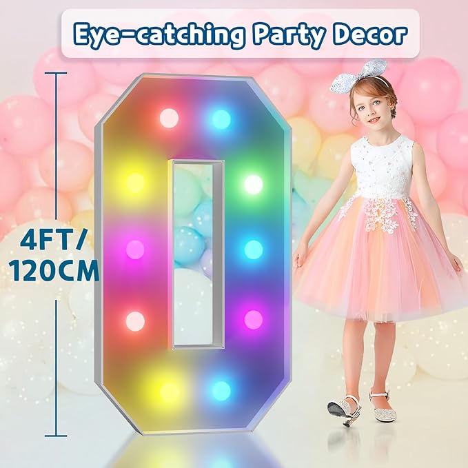 imprsv 4FT Colorful Marquee Numbers,18 Colors Number 0 with Remote, Light Up Numbers Sign for 50th Birthday Decorations Anniversary Party Decor, Pre-Cut Foam Board Kit, Mosaic Sign for Balloon
