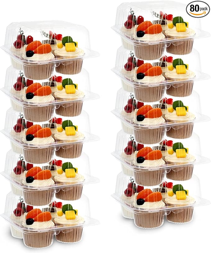 80 Pack Plastic Cupcake Containers 4-Compartment Clear Boxes Disposable Cupcake Tray Holders 4 Cavity Cupcakes Carriers with Deep Dome for Muffin Packaging