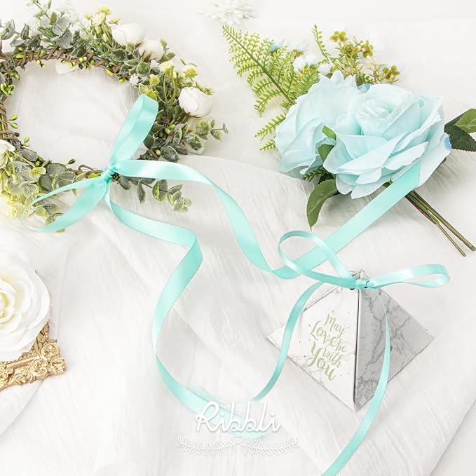 Ribbli Aqua Blue Double Faced Satin Ribbon,1/4” x Continuous 25 Yards,Use for Bows Bouquet,Gift Wrapping,Wedding Cards Decorating