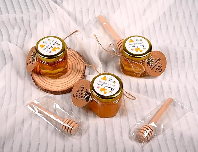 Adabocute Mini Honey Jars with Dipper - Hexagon Honey Pot Set with Gold Lid, Bee Pendants, Jutes, Gold Organza Bags and Stickers - Perfect for Baby Shower Party Favors Wedding Favors, 60 Pack 1.5oz