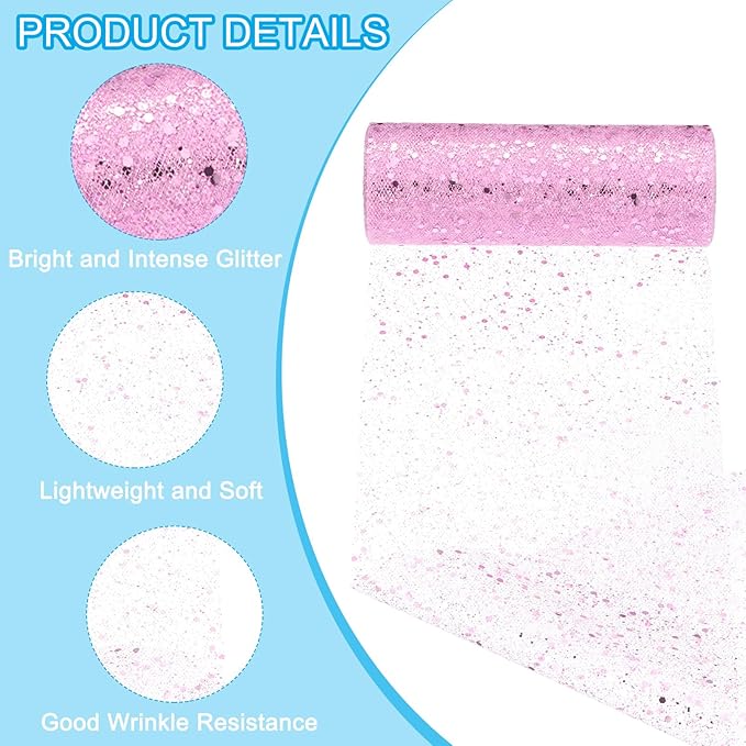 PATIKIL Tulle Fabric Rolls, 6 Inch by 10 Yards Fabric Spool Tulle Sparkling Ribbon Netting Sequin for DIY Tutu Skirts Crafts Wedding Party Decorations, Pink