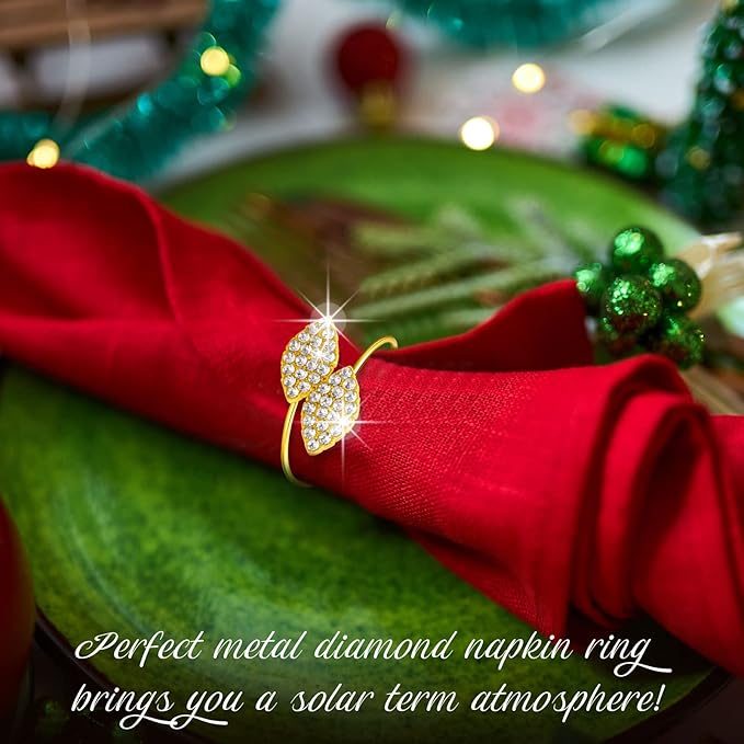 Hotop 400 Pcs Napkin Rings Gold Table Decorations, Elegant Bling Leaves Napkin Rings, Rhinestone Guest Towels Buckle for Wedding Gold Party, Thanksgiving Christmas Dinner Banquet Table Decoration