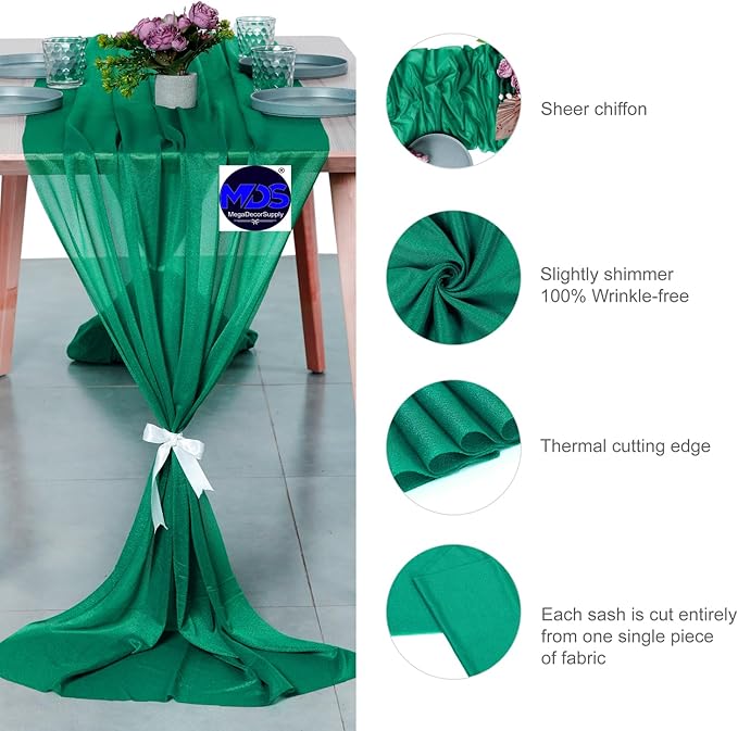 MDS 20 Pack 10ft Chiffon Table Runner 29 x 120 Inches Sheer Wedding Runner Romantic Rustic Table Runner for Wedding Decorations, Birthday Parties, Bridal Shower Party Arch Decor - Emerald Green
