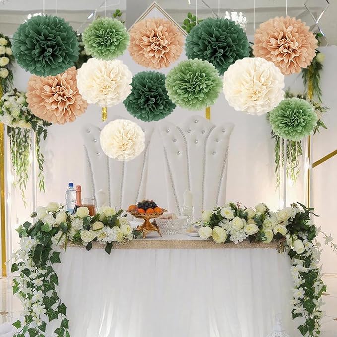 Capesaro Olive Sage Green 12PCS Paper Pom Poms Party Decorations for Natural Green Boho Safari Jungle Party,Hanging Tissue Paper Flowers for Engagement,Wedding,Baby Shower