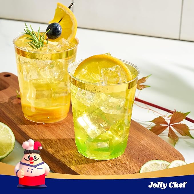 JOLLY CHEF 200 Pack 10 oz Gold Plastic Cups Elegant Gold Rimmed Disposable Cups Heavy-Duty Party Cups for Wedding & Party