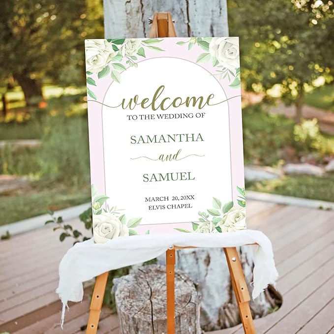 Editable Greenery Wedding Welcome Sign Template, Printable White Floral Sign for Ceremony or Reception, Modern Minimalist Wedding Decor