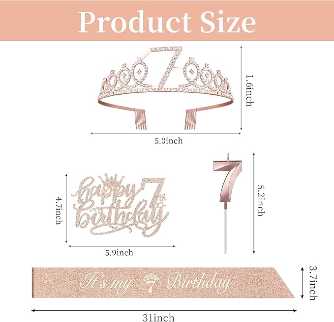 7th Birthday Decorations for Girl with Sash and Tiara, Numeral Candle and Cake Topper, 7 Year Old Birhtday Girls Rose Gold Party Favor Supplies