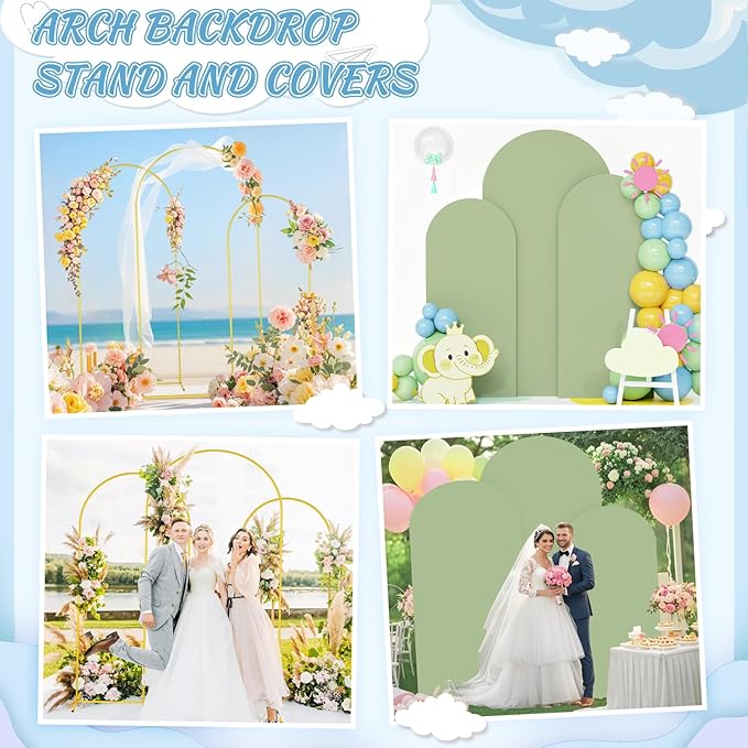 Arch Stand and Cover Set 6FT 6.6FT 7.2FT Arched Backdrop Stand with Spandex Fitted Arch Cover Gold Arch Frame Stand Backdrop for Party Supplies Sage Green Arch Covers for Wedding Anniversary Decor