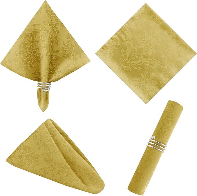 SASTYBALE Jacquard Square Napkin, Damask Wrinkle Resistant Soft Polyester Napkins, Fall Fabric Cloth Napkins for Wedding, Spring, Party, Dinners, Set of 4 (Gold, 20X20 inch Napkin)