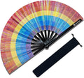 Large Rave Fan, Clack Folding Hand Fan with Premium Fabric, Thick Bamboo Frame for Men Women Gift for EDM, Festival, Club, Party, Dance, Decoration (Lridescent Rainbow, 13")