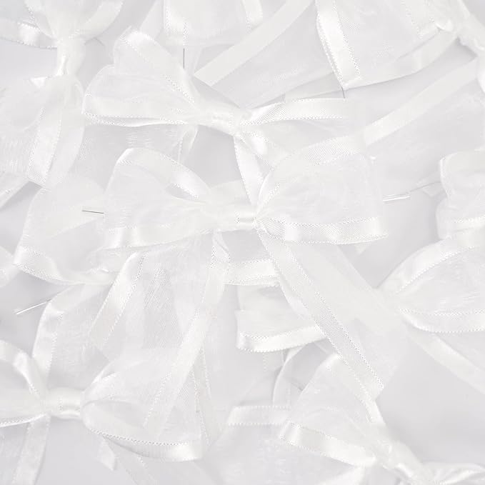 AIMUDI White Bows for Wedding Decor 4" Premade White Christmas Tree Bows Pre Tied White Bows for Crafts Small White Gift Bows Organza Fabric Bows for Treat Bags, Gift Wrapping, Baby Shower -12 Counts
