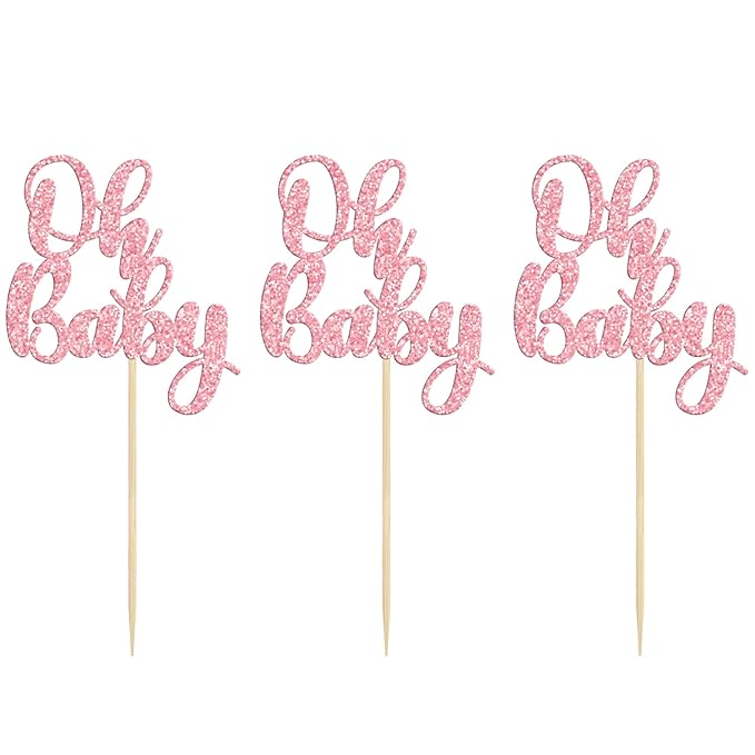 Gyufise 36 Pack Pink Glitter Oh Baby Cupcake Topper Picks for Baby Shower Party Cake Decorations Party Supplies