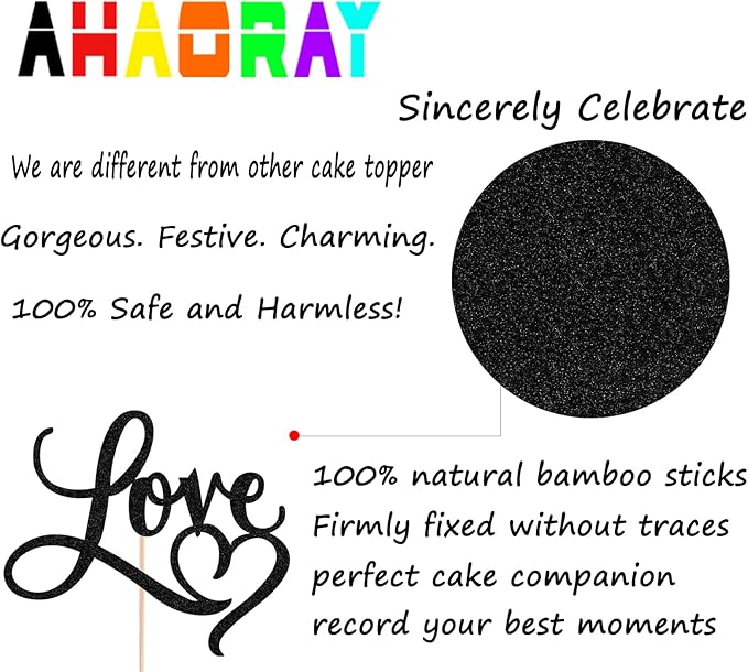 Love Cake Topper - Black Glitter Paper Wedding Cake Decoration Supplies, Perfect for Bridal Shower/Engagement/Anniversary/Birthday Party