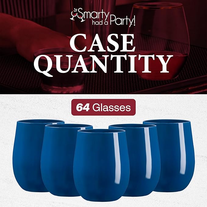 Smarty Had A Party 12 oz Wine Glasses – 64 Navy Stemless Plastic Wine Glasses, Unbreakable Disposable Drinkware for Weddings & Events