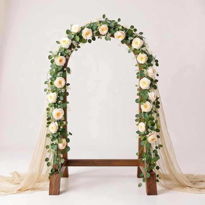 2 Pcs Total13Ft Eucalyptus Flower Garland with Fake Rose Flower, Artificial Fake Flowers Greenery Garland Floral Vines for Decoration Party Wedding Table Indoor Outdoor Backdrop Wall Decor(White)