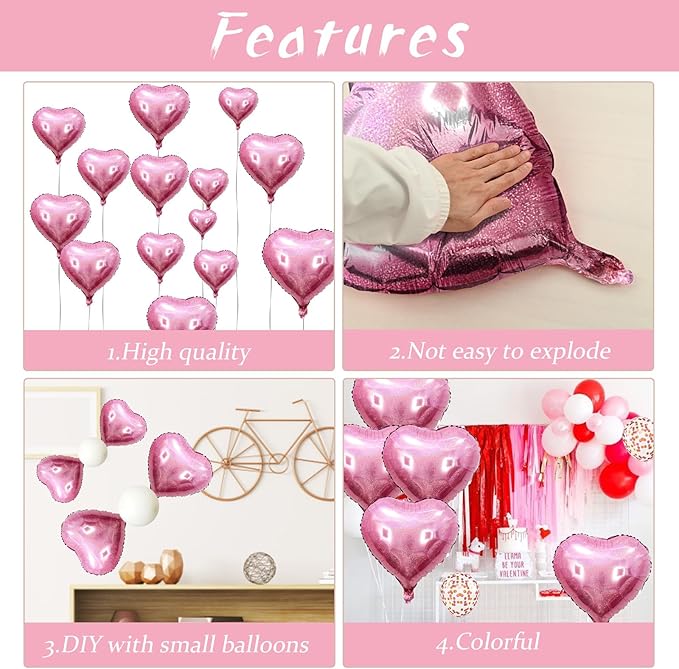 Biapian Light Pink Heart Balloons, 10PCS Glitter Pink Heart Shape Balloons Foil, 18inch Pastel Pink Love Heart Balloons for Girls Women Valentines Day, Wedding, Brithday, Baby Shower Party Decorations