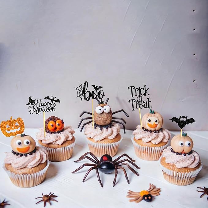60Pcs Halloween Cupcake Toppers, Bat Pumpkin Ghost Cupcake Decorations for Halloween Party Supplies, Black Multi Style1