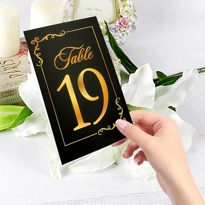 Black Gold Wedding Table Numbers 1-20 With 21 Gold Holders - Set of 21 Table Cards for Wedding Reception