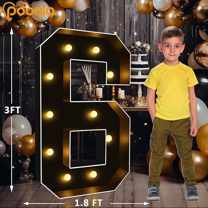 Pooqla 3FT Marquee Light Up Numbers, Black Lighted Party Decor for her him Women Men, Giant Mosaic Light Up Numbers for 6th 16th 60th Birthday Anniversary Decoration, Number 6