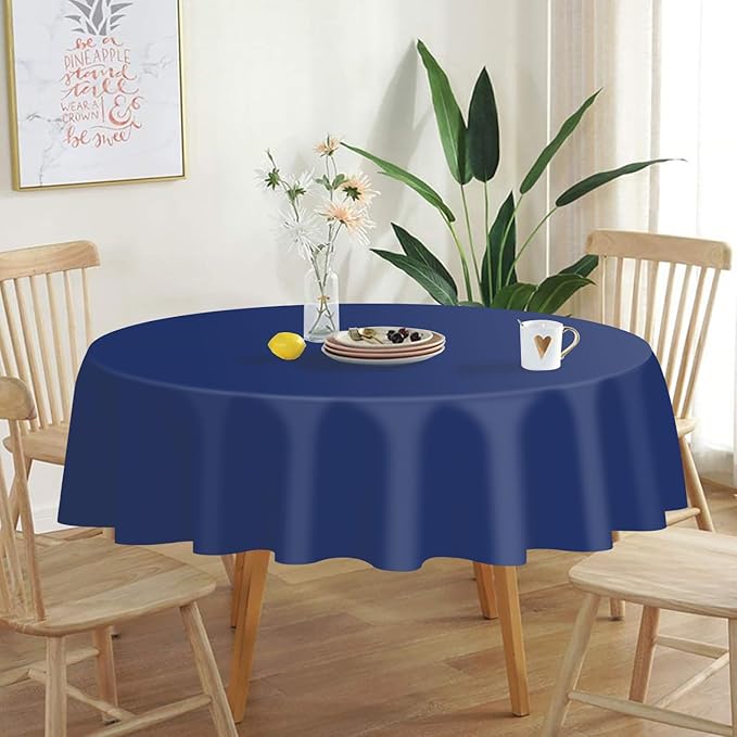 QIKSION Navy Blue Round Tablecloth 12 Pack, 84 Inch Plastic Table Cover Disposable for Parties