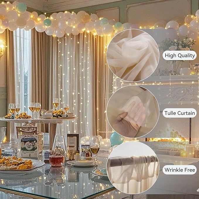 10×8ft Tulle Backdrop Curtains with Lights String - 300LED Fairy Lights Sheer Curtain Backdrop for Weddings Baby Shower and Birthday Party Decorations(4 Panels 5×8ft)